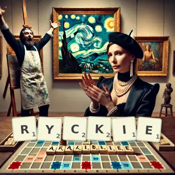 Kreatywna ilustracja do gry w Scrabble ze słowem RYCKIE ułożonym z płytek na planszy.