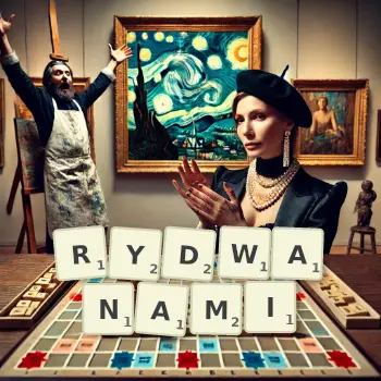 Kreatywna ilustracja do gry w Scrabble ze słowem RYDWANAMI ułożonym z płytek na planszy.