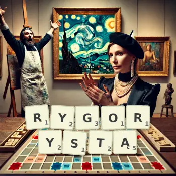 Kreatywna ilustracja do gry w Scrabble ze słowem RYGORYSTĄ ułożonym z płytek na planszy.