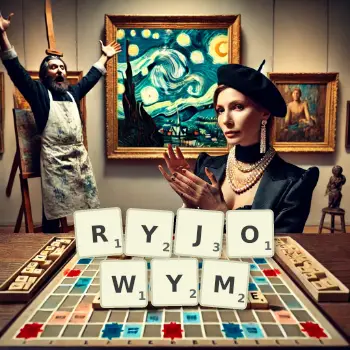 Kreatywna ilustracja do gry w Scrabble ze słowem RYJOWYM ułożonym z płytek na planszy.