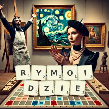 Kreatywna ilustracja do gry w Scrabble ze słowem RYMOIDZIE ułożonym z płytek na planszy.