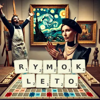 Kreatywna ilustracja do gry w Scrabble ze słowem RYMOKLETO ułożonym z płytek na planszy.
