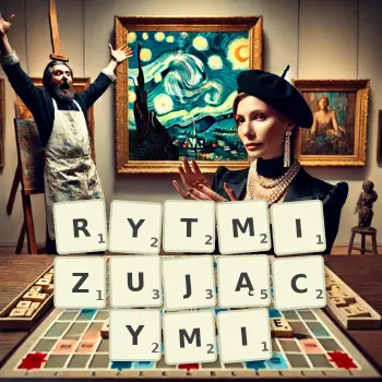 Kreatywna ilustracja do gry w Scrabble ze słowem RYTMIZUJĄCYMI ułożonym z płytek na planszy.