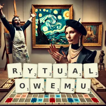 Kreatywna ilustracja do gry w Scrabble ze słowem RYTUALOWEMU ułożonym z płytek na planszy.