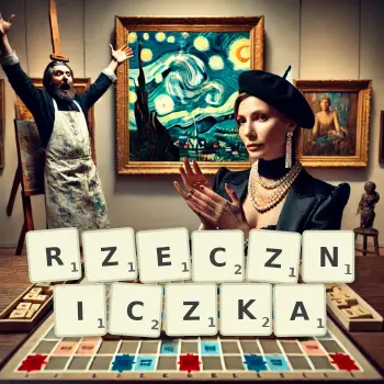 Kreatywna ilustracja do gry w Scrabble ze słowem RZECZNICZKA ułożonym z płytek na planszy.