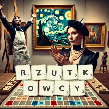 Kreatywna ilustracja do gry w Scrabble ze słowem RZUTKOWCY ułożonym z płytek na planszy.