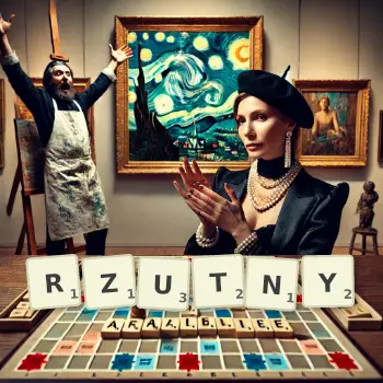 Kreatywna ilustracja do gry w Scrabble ze słowem RZUTNY ułożonym z płytek na planszy.