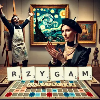 Kreatywna ilustracja do gry w Scrabble ze słowem RZYGAM ułożonym z płytek na planszy.