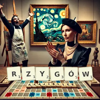 Kreatywna ilustracja do gry w Scrabble ze słowem RZYGÓW ułożonym z płytek na planszy.