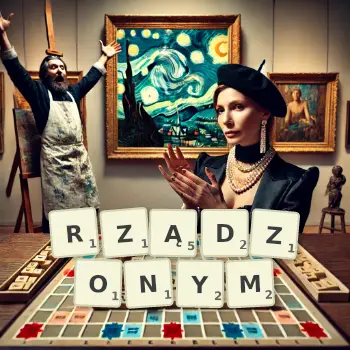 Kreatywna ilustracja do gry w Scrabble ze słowem RZĄDZONYM ułożonym z płytek na planszy.