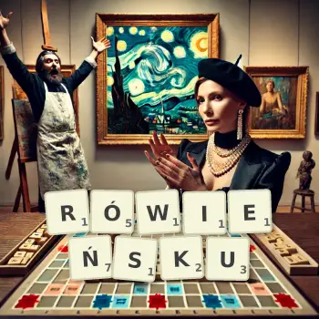 Kreatywna ilustracja do gry w Scrabble ze słowem RÓWIEŃSKU ułożonym z płytek na planszy.