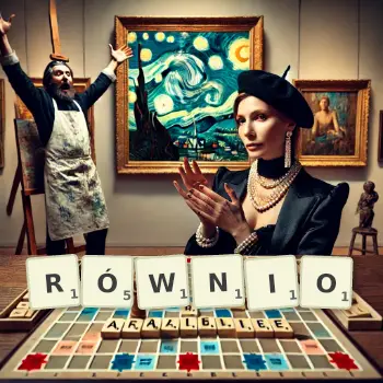 Kreatywna ilustracja do gry w Scrabble ze słowem RÓWNIO ułożonym z płytek na planszy.