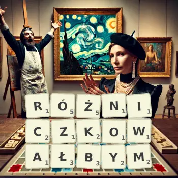 Kreatywna ilustracja do gry w Scrabble ze słowem RÓŻNICZKOWAŁBYM ułożonym z płytek na planszy.