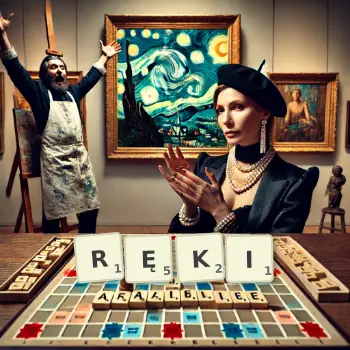Kreatywna ilustracja do gry w Scrabble ze słowem RĘKI ułożonym z płytek na planszy.