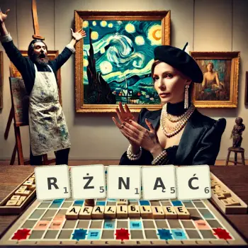 Kreatywna ilustracja do gry w Scrabble ze słowem RŻNĄĆ ułożonym z płytek na planszy.
