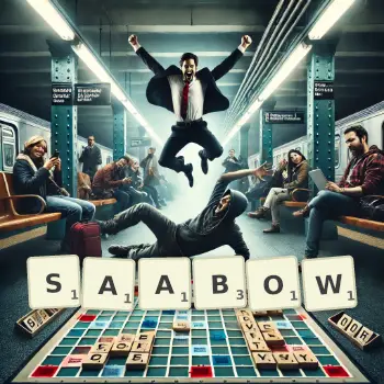 Kreatywna ilustracja do gry w Scrabble ze słowem SAABOW ułożonym z płytek na planszy.