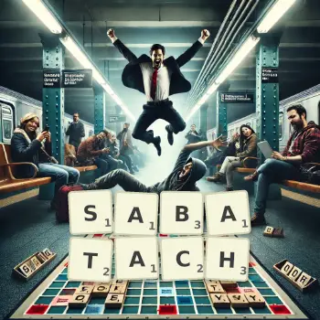 Kreatywna ilustracja do gry w Scrabble ze słowem SABATACH ułożonym z płytek na planszy.