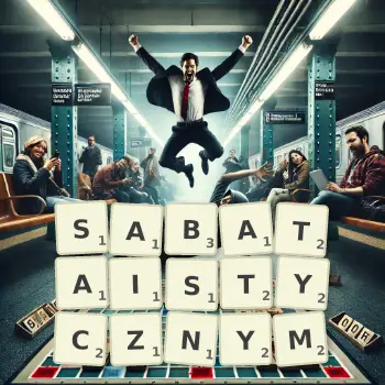 Kreatywna ilustracja do gry w Scrabble ze słowem SABATAISTYCZNYM ułożonym z płytek na planszy.