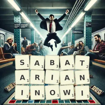 Kreatywna ilustracja do gry w Scrabble ze słowem SABATARIANINOWI ułożonym z płytek na planszy.