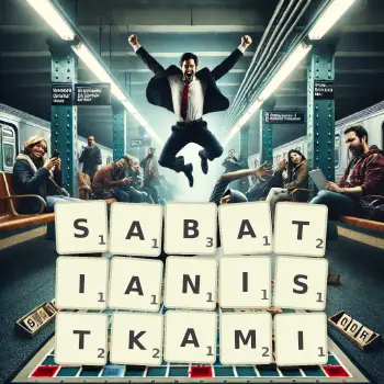 Kreatywna ilustracja do gry w Scrabble ze słowem SABATIANISTKAMI ułożonym z płytek na planszy.
