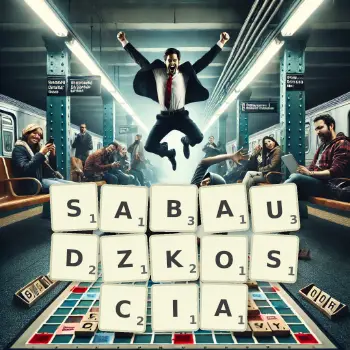 Kreatywna ilustracja do gry w Scrabble ze słowem SABAUDZKOSCIA ułożonym z płytek na planszy.
