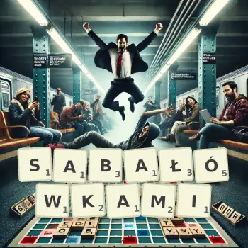 Kreatywna ilustracja do gry w Scrabble ze słowem SABAŁÓWKAMI ułożonym z płytek na planszy.