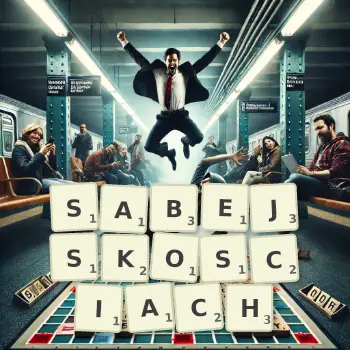 Kreatywna ilustracja do gry w Scrabble ze słowem SABEJSKOSCIACH ułożonym z płytek na planszy.