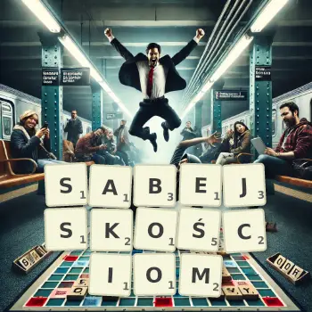 Kreatywna ilustracja do gry w Scrabble ze słowem SABEJSKOŚCIOM ułożonym z płytek na planszy.