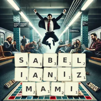 Kreatywna ilustracja do gry w Scrabble ze słowem SABELIANIZMAMI ułożonym z płytek na planszy.