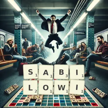 Kreatywna ilustracja do gry w Scrabble ze słowem SABILOWI ułożonym z płytek na planszy.