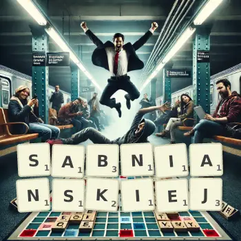 Kreatywna ilustracja do gry w Scrabble ze słowem SABNIANSKIEJ ułożonym z płytek na planszy.