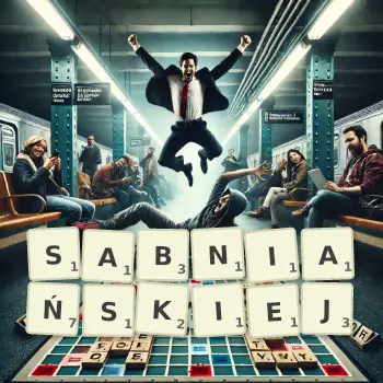 Kreatywna ilustracja do gry w Scrabble ze słowem SABNIAŃSKIEJ ułożonym z płytek na planszy.