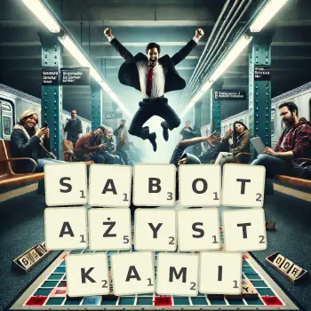 Kreatywna ilustracja do gry w Scrabble ze słowem SABOTAŻYSTKAMI ułożonym z płytek na planszy.