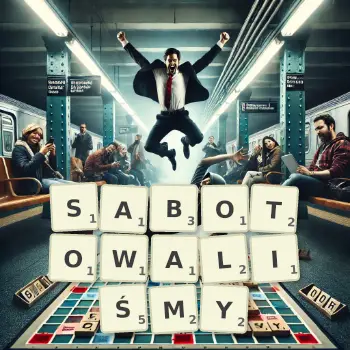 Kreatywna ilustracja do gry w Scrabble ze słowem SABOTOWALIŚMY ułożonym z płytek na planszy.