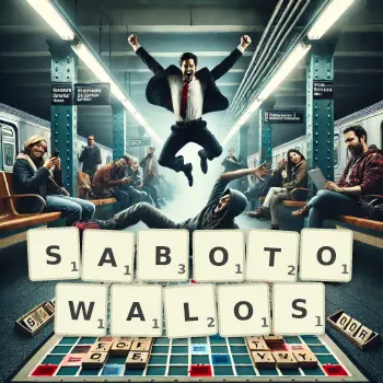 Kreatywna ilustracja do gry w Scrabble ze słowem SABOTOWALOS ułożonym z płytek na planszy.