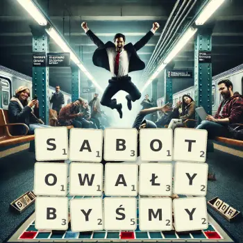 Kreatywna ilustracja do gry w Scrabble ze słowem SABOTOWAŁYBYŚMY ułożonym z płytek na planszy.