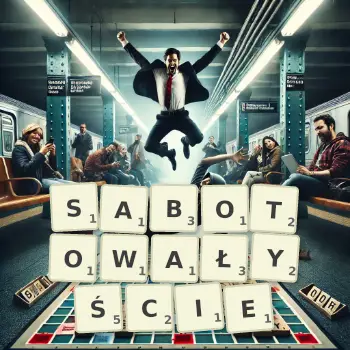 Kreatywna ilustracja do gry w Scrabble ze słowem SABOTOWAŁYŚCIE ułożonym z płytek na planszy.