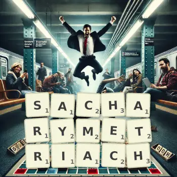 Kreatywna ilustracja do gry w Scrabble ze słowem SACHARYMETRIACH ułożonym z płytek na planszy.