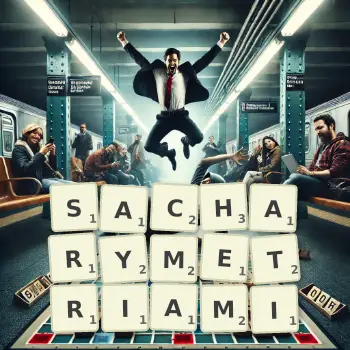 Kreatywna ilustracja do gry w Scrabble ze słowem SACHARYMETRIAMI ułożonym z płytek na planszy.