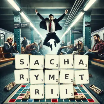 Kreatywna ilustracja do gry w Scrabble ze słowem SACHARYMETRII ułożonym z płytek na planszy.