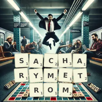 Kreatywna ilustracja do gry w Scrabble ze słowem SACHARYMETROM ułożonym z płytek na planszy.