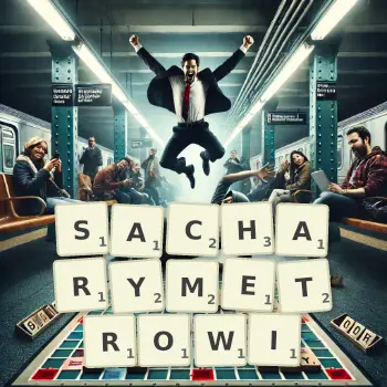 Kreatywna ilustracja do gry w Scrabble ze słowem SACHARYMETROWI ułożonym z płytek na planszy.