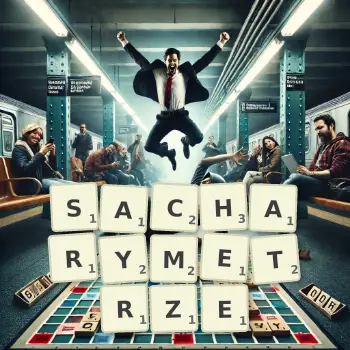 Kreatywna ilustracja do gry w Scrabble ze słowem SACHARYMETRZE ułożonym z płytek na planszy.