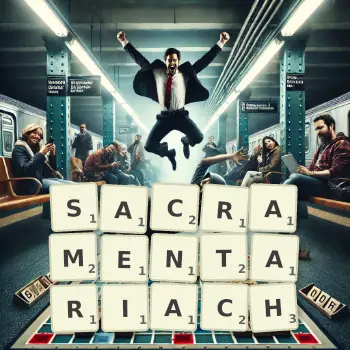 Kreatywna ilustracja do gry w Scrabble ze słowem SACRAMENTARIACH ułożonym z płytek na planszy.