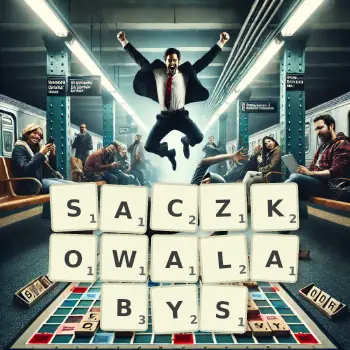 Kreatywna ilustracja do gry w Scrabble ze słowem SACZKOWALABYS ułożonym z płytek na planszy.
