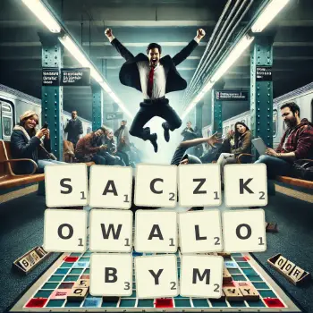 Kreatywna ilustracja do gry w Scrabble ze słowem SACZKOWALOBYM ułożonym z płytek na planszy.