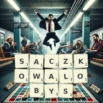 Kreatywna ilustracja do gry w Scrabble ze słowem SACZKOWALOBYS ułożonym z płytek na planszy.