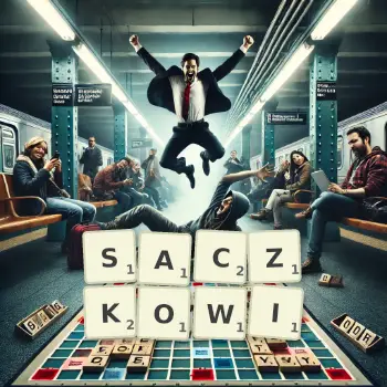 Kreatywna ilustracja do gry w Scrabble ze słowem SACZKOWI ułożonym z płytek na planszy.