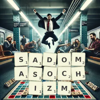 Kreatywna ilustracja do gry w Scrabble ze słowem SADOMASOCHIZM ułożonym z płytek na planszy.