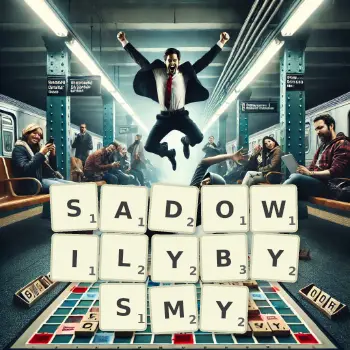 Kreatywna ilustracja do gry w Scrabble ze słowem SADOWILYBYSMY ułożonym z płytek na planszy.